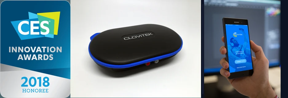 CES 2018 Innovation Awards Honoree badge, the CloviFi device, and the CloviTek mobile app