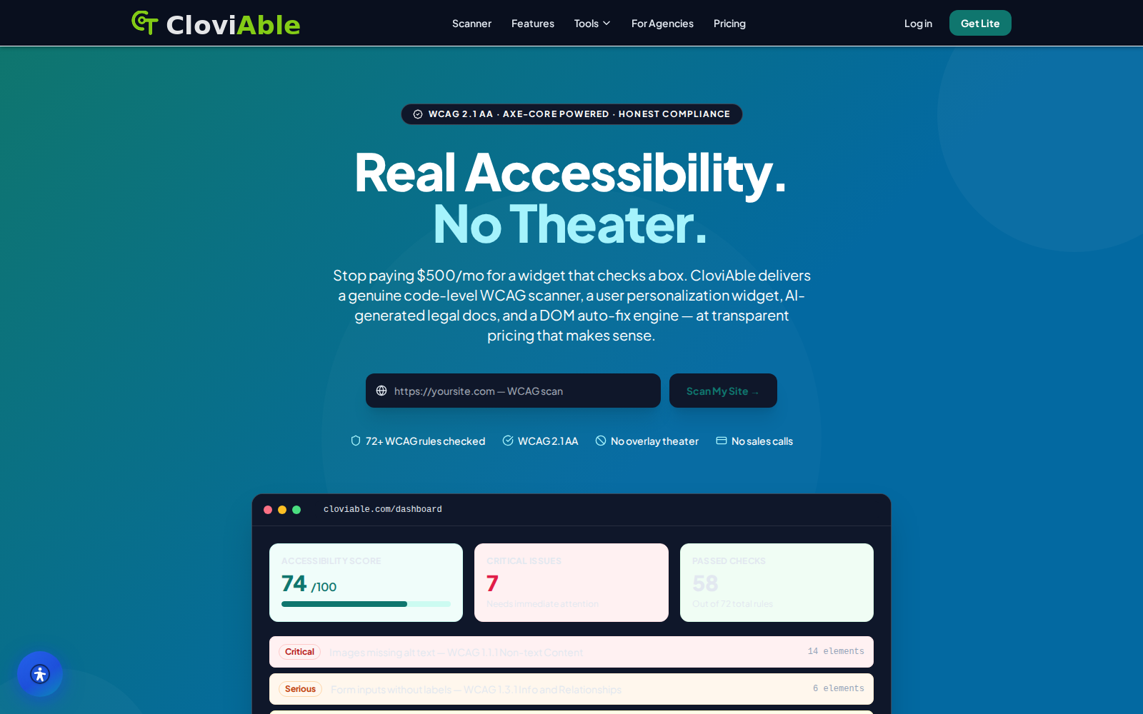 CloviAble accessibility scanner running a WCAG scan