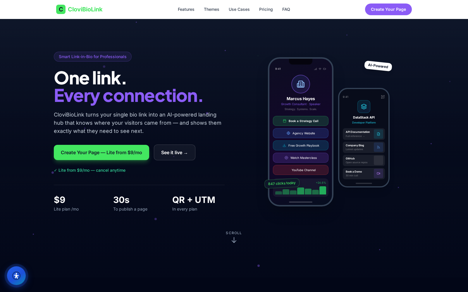 A polished CloviBioLink bio-link page on a phone