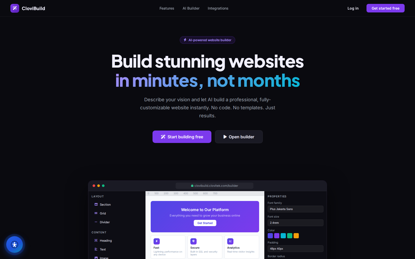 CloviBuild generating a complete website from a plain-English brief