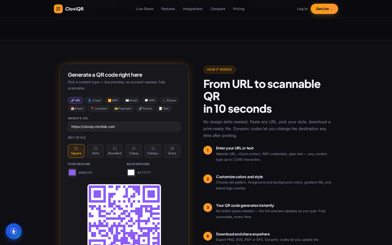 CloviQR styled QR codes with logo and colors