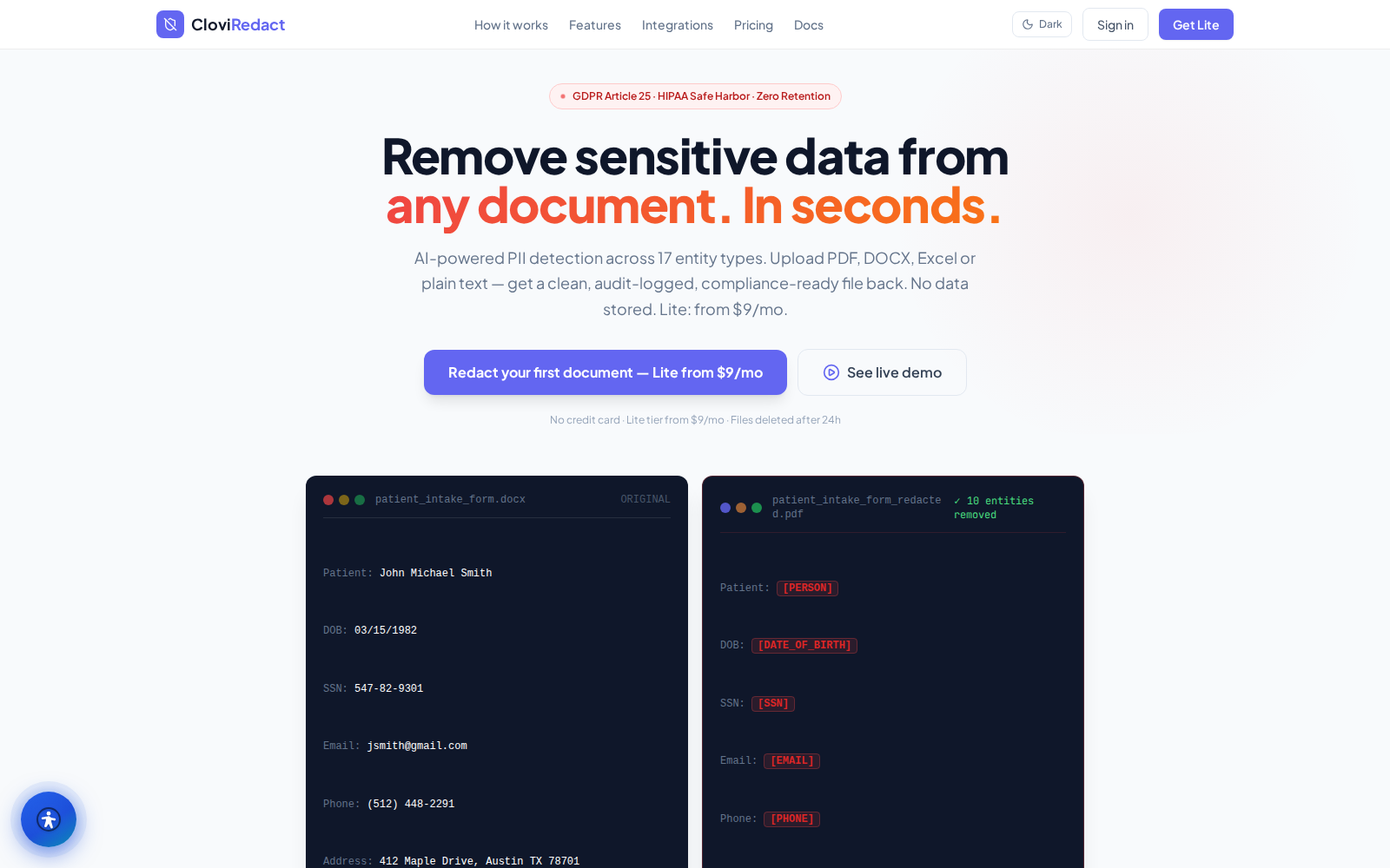 CloviRedact dashboard
