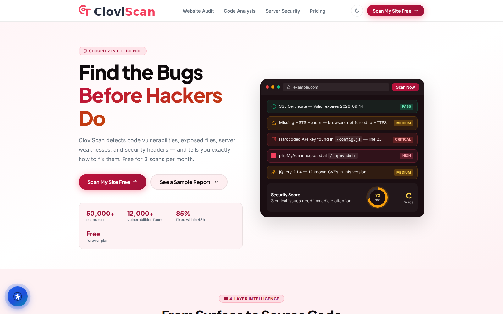 CloviScan security and SEO scorecard