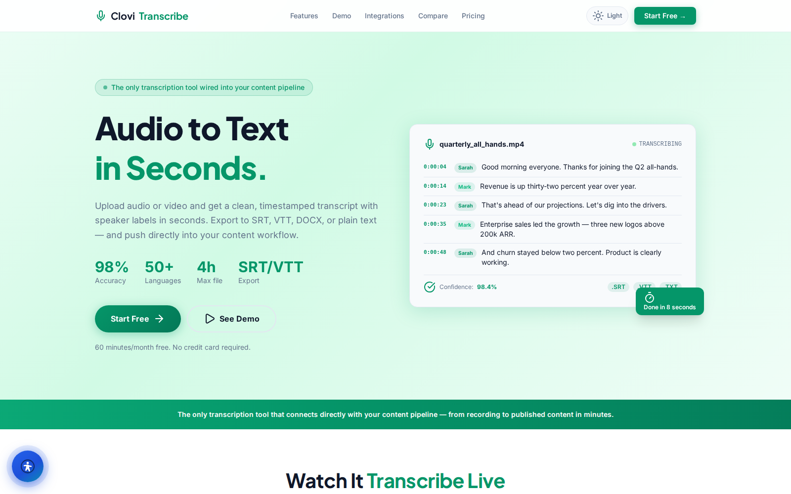 CloviTranscribe upload and transcription screen