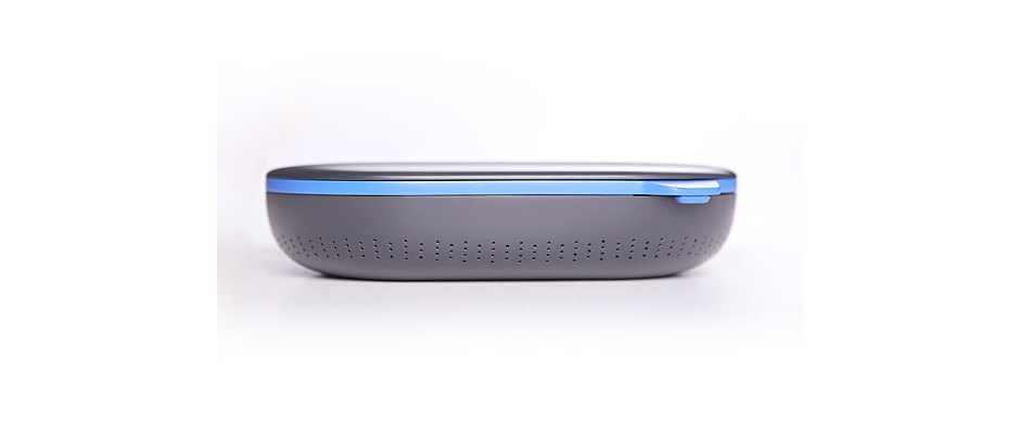 Real studio product photo of the CloviFi WiFi HD audio transmitter — dark body with signature blue accent band.