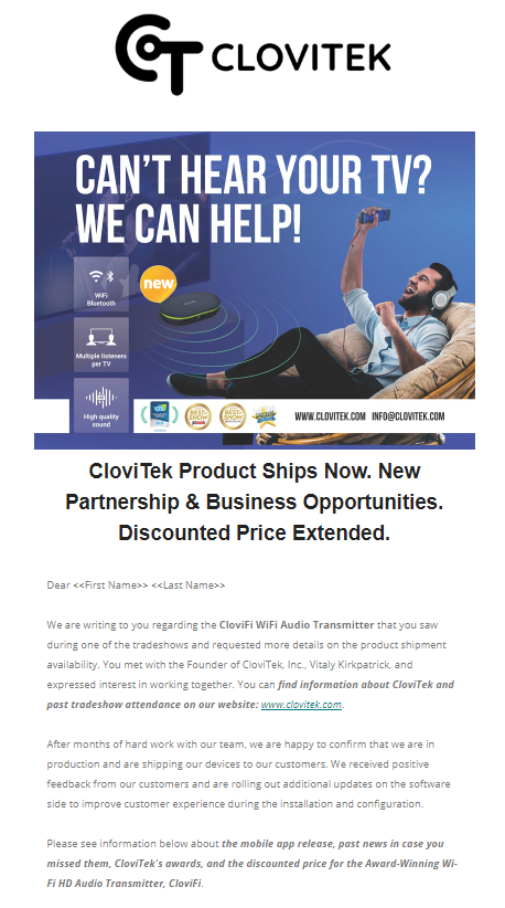 A marketing email reading 'Can't hear your TV? We can help! — Product ships now'.